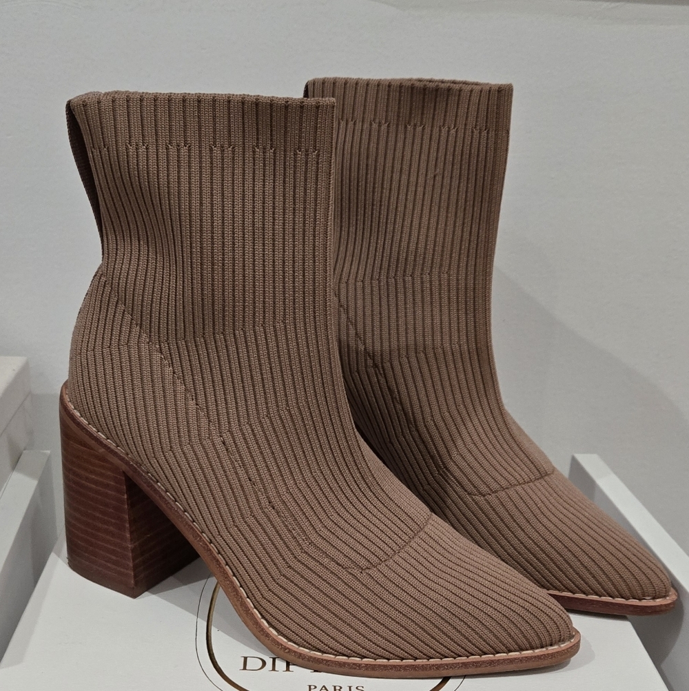 Ribbed Knit Sock Heeled Booties in Taupe